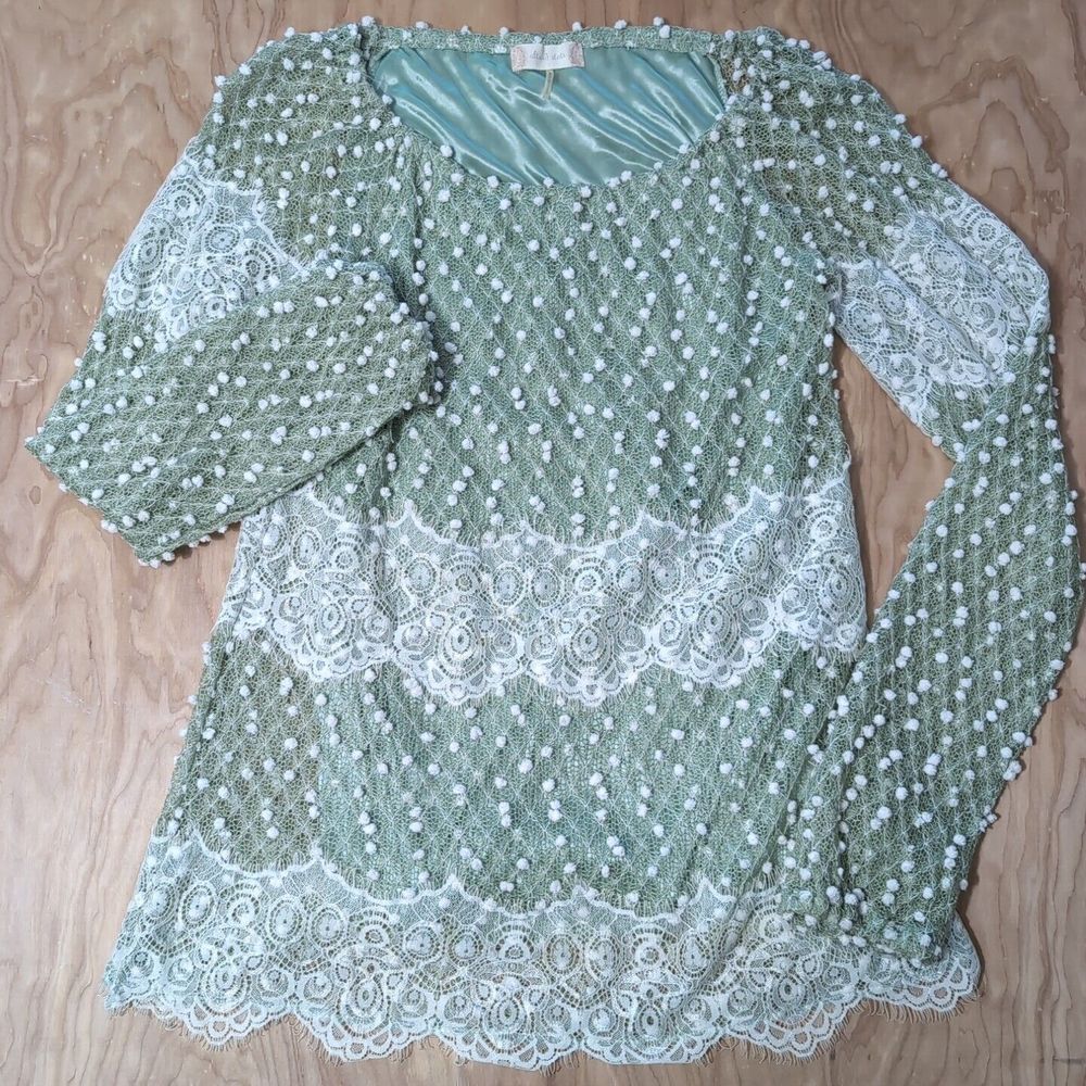 NEW Altar'd State Womens Sm Lace Top and Sleeve Boho Dress Green White Polka Dot
